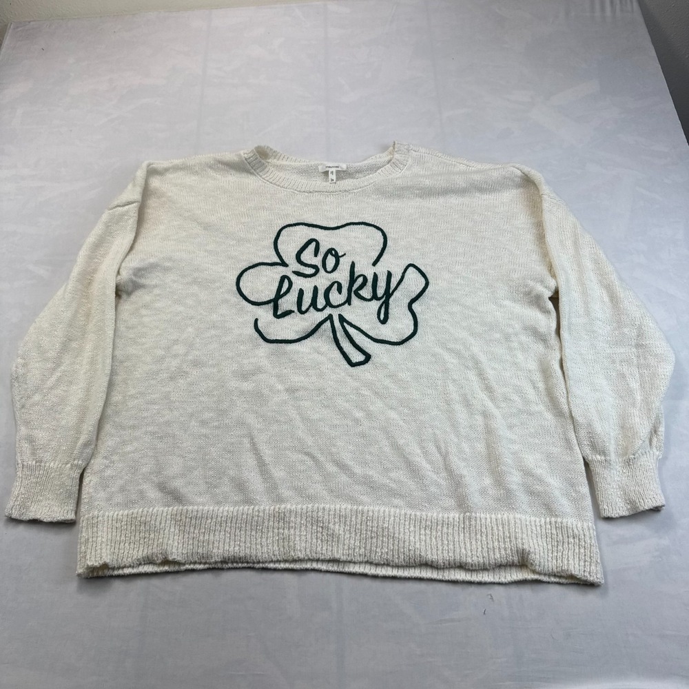 Maurices Sweater Womens 2X Cream Knit So Lucky Shamrock Clover Graphic Pullover
